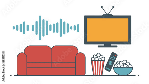 A cartoon illustration of a living room setup with a couch television and popcorn for movie night fun