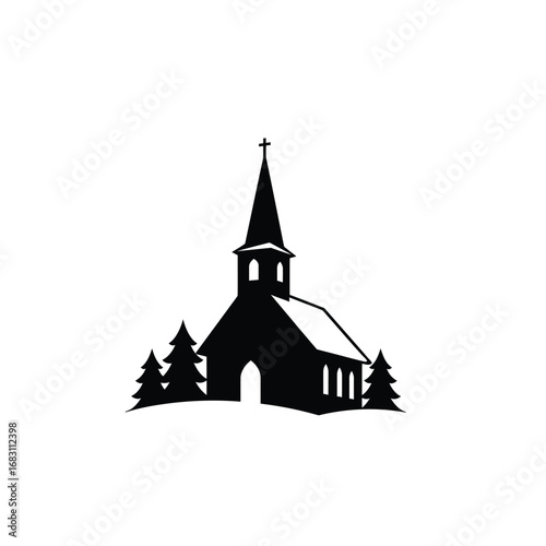 Black church silhouette with trees and snow white background