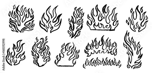 Set black drawings flames in outline sketch style. Punk hand drawn textured fire and flammable fireball