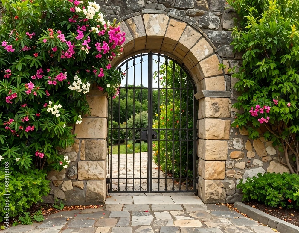 Fototapeta premium An arched stone gate, adorned with vibrant pink and white flowers, opens into a tranquil garden setting.