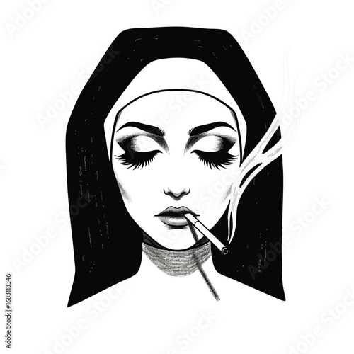 A striking black and white ink drawing of a beautiful modern nun smoking a cigarette.