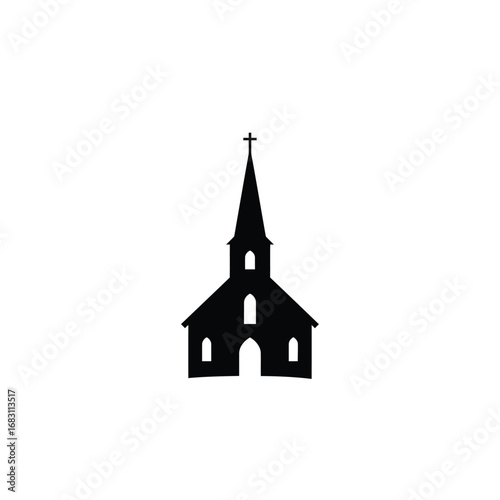 Black church silhouette with steeple and cross building