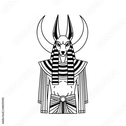 A striking black and white line art illustration of the ancient Egyptian god Anubis with a jackal head and crescent moons.