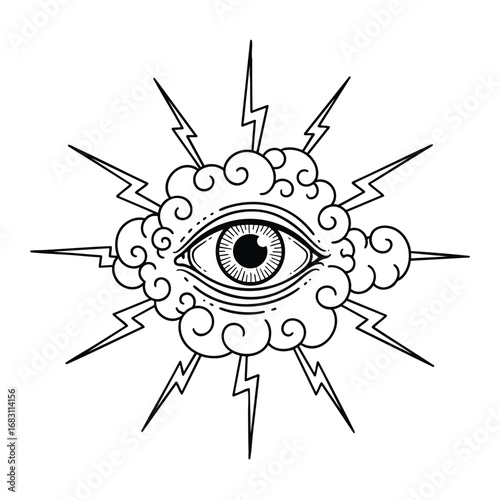 A stylized allseeing eye illustration with stormy clouds and radiating lightning bolts.
