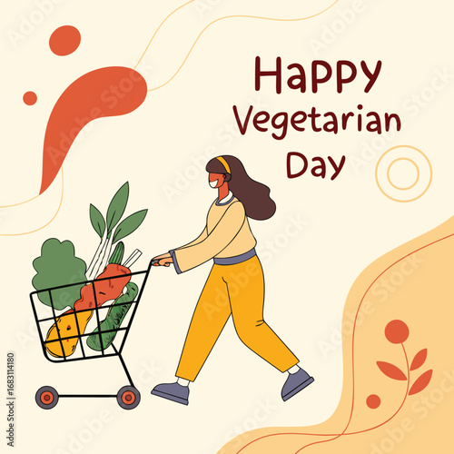Dark haired woman pulls vegetables in cart, celebrating happy vegetarian day