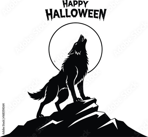 Happy halloween wolf howling at the moon for spooky night