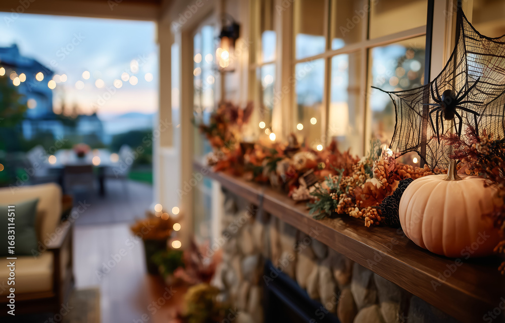 Fototapeta premium Cozy autumn decor featuring pumpkin and festive lights on porch