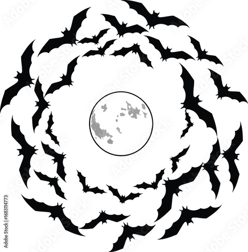 Bats flying around the moon silhouette for halloween night and spooky designs, perfect for invitations and decorations