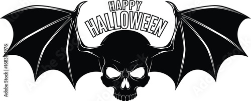 Happy halloween skull with bat wings, a spooky and scary design for halloween celebration and decoration
