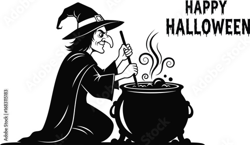 A classic halloween witch brewing a potion in her cauldron, perfect for adding a touch of magic to your spooky designs