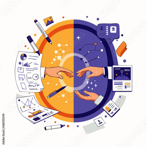 This vibrant illustration visually represents the essential integration of traditional business strategies with cutting-edge digital technology, fostering collaboration.