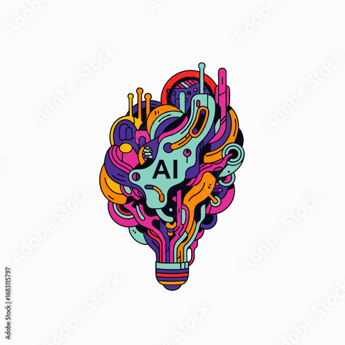 A vibrant, abstract illustration depicting the complex and colorful essence of artificial intelligence, symbolizing innovation, technology, and creative thought processes.