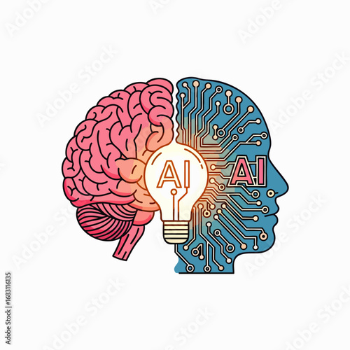 This compelling conceptual illustration beautifully depicts the connection between the organic human brain and advanced artificial intelligence, symbolizing innovation and future.