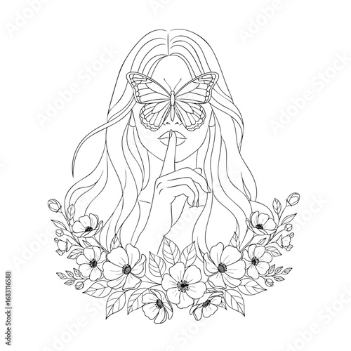 Delicate line art of a woman with a butterfly over her eyes making a shushing gesture.