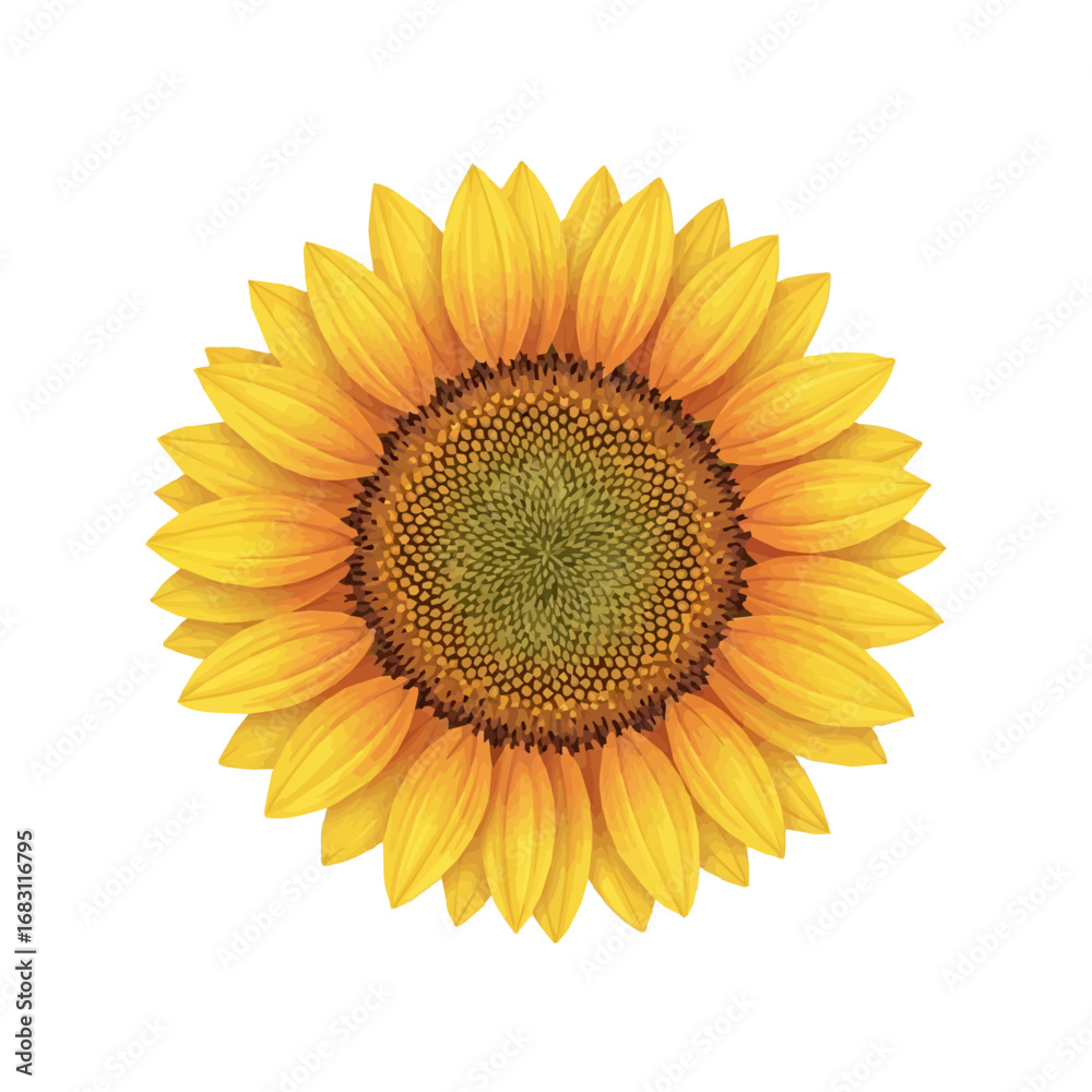 Fototapeta premium Close up detailed illustration of a single sunflower head with bright yellow petals and textured brown center isolated on white background
