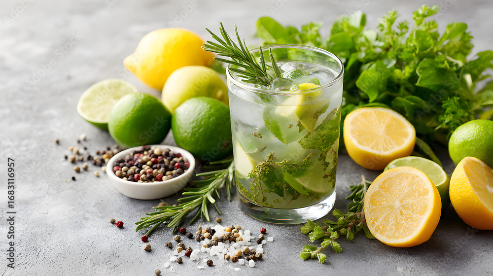Fototapeta premium Glass of Kombucha with Herbs in a Bright Morning Kitchen