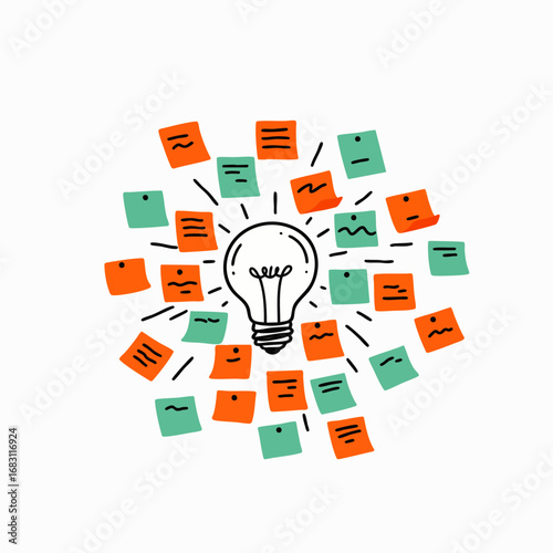 A dynamic illustration features a bright light bulb surrounded by many colorful sticky notes, symbolizing innovative ideas, creative brainstorming, and efficient task management.
