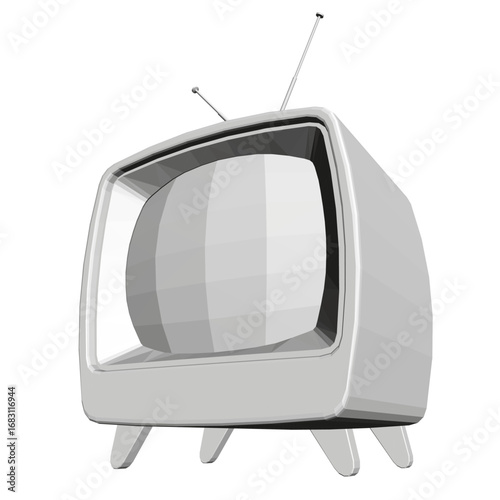 Old fashioned television set with classic black frame and white screen on a clean white background, featuring a curved black antenna in polygonal style.