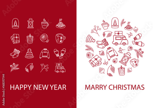 Minimalist flat design style New Year and Christmas posters with winter elements.  Greeting cards, line icons, minimalist corporate design templates, invitations. Vector illustration.
