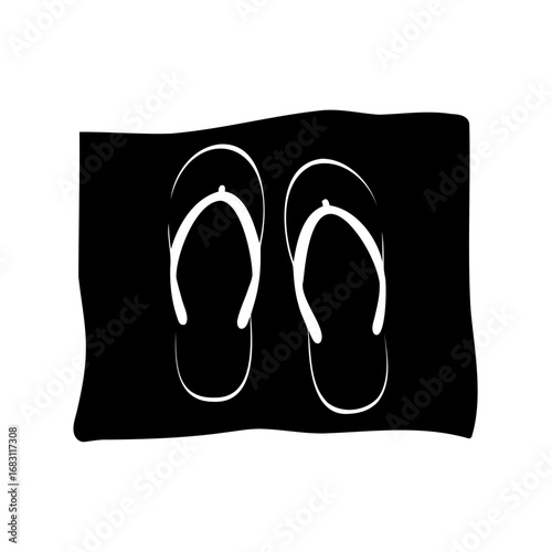 Minimalist flip flops on a beach mat artwork in black and white