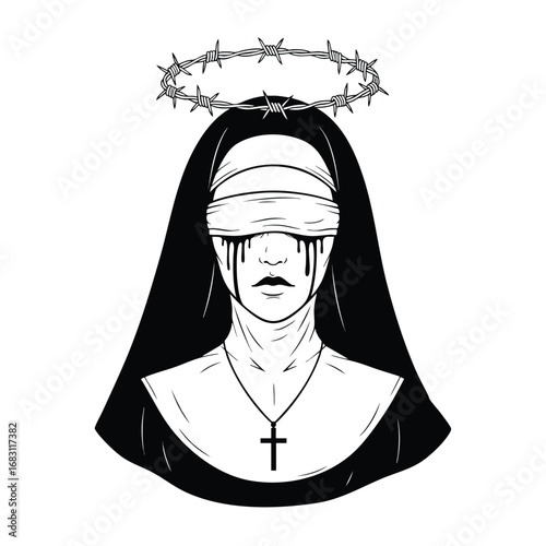 Gothic illustration of a blindfolded nun with a barbed wire halo crying black tears.