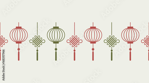 A decorative border featuring alternating red and green chinese lanterns and mystic knots on a cream background
