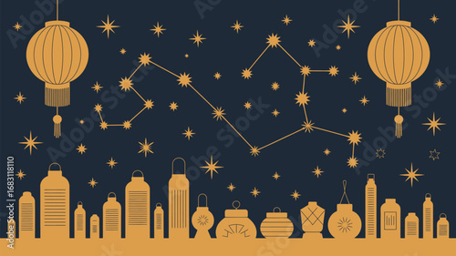 Illustration of lanterns, stars, constellation, and various bottles in a night sky setting vector art
