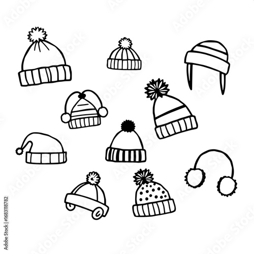Nine winter hats in doodle style, depicted as black silhouette icons with a playful mix of adult and child headwear, drawn with sketchy cartoon lines, varying in shape and size, including beanies, cap