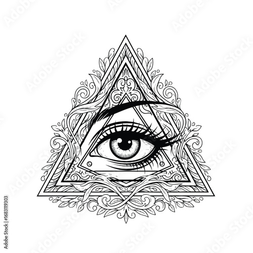 Mystical AllSeeing Eye of Providence symbol in a triangle with intricate ornamental details.