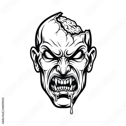 Monochrome illustration of a snarling zombie head with a cracked skull and exposed brain.
