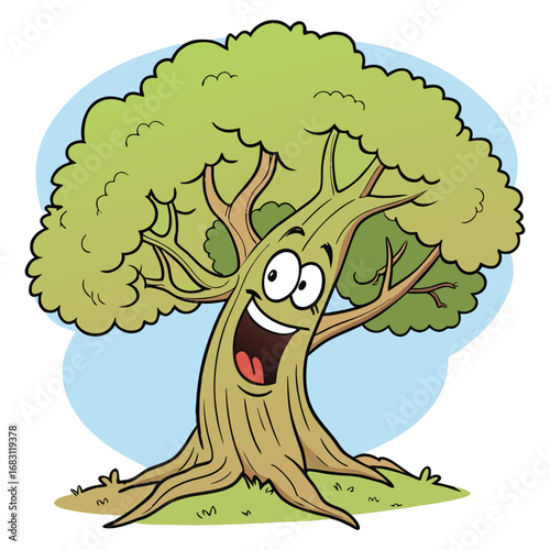 Cheerful anthropomorphic cartoon tree with a smiling face isolated on white background