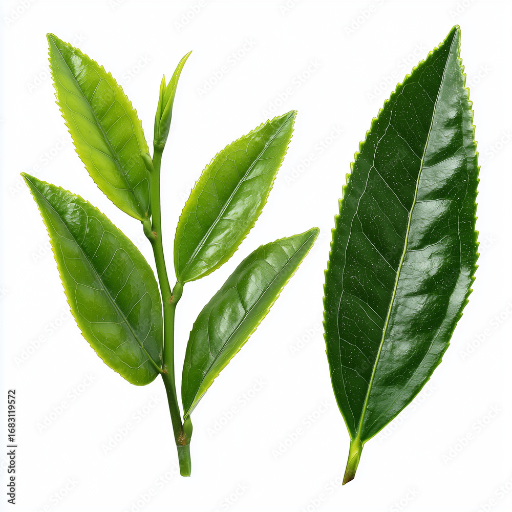 Obraz premium Rametto di Camellia sinensis con apici teneri e foglie bagnate, su fondo chiaro. Risorsa nitida e scontornabile per packaging di tè, menu caffetteria, infografiche e progetti wellness.