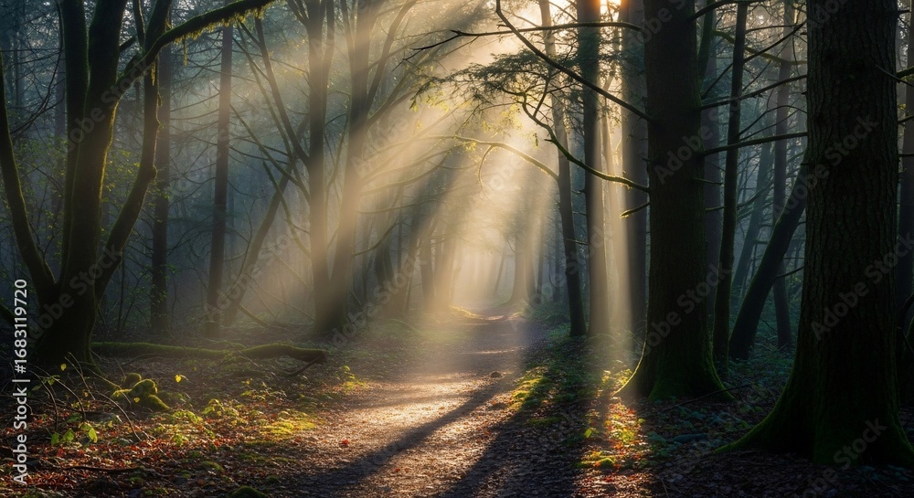 Naklejka premium Sunlight beams through a misty forest path, casting dramatic shadows.