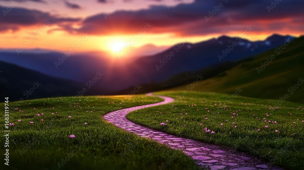 Fototapeta premium A winding path meanders through a vibrant flower field, showcasing the beauty of nature in a picturesque landscape at sunset.
