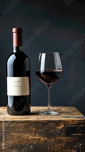 A fine red wine bottle stands next to a filled glass on a rustic wooden table, creating a sophisticated ambiance perfect for tasting