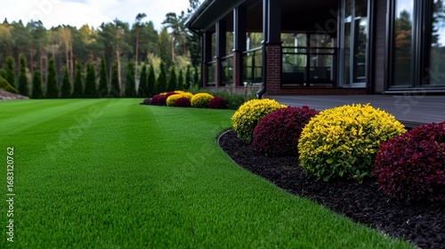 Beautiful front yard landscape design featuring multicolored shrubs and lush green lawns behind a modern home.
