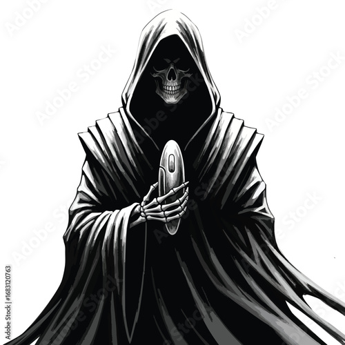 Ominous Grim Reaper with a skull face and black robe holding a computer mouse.