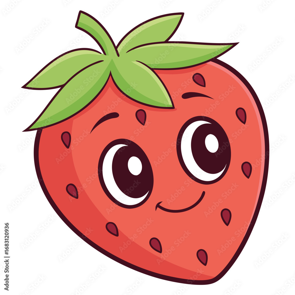 Obraz premium Cute anthropomorphic strawberry with a happy smile isolated on white background