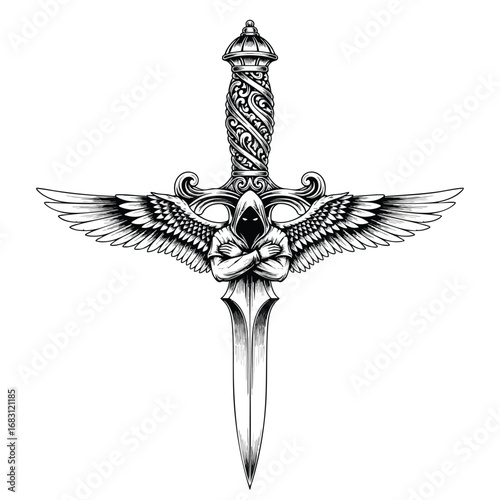 Ornate winged dagger with a mysterious hooded figure and intricate hilt design.