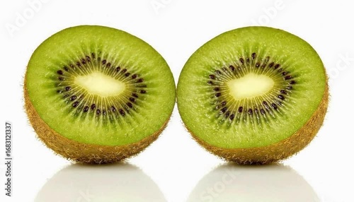 A ripe kiwi cut into two perfect halves rotates on a reflective white surface, showcasing its vibrant green interior.