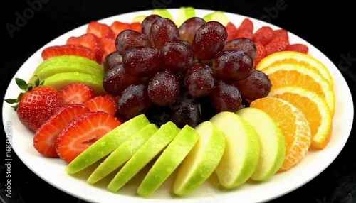 A colorful platter of freshly sliced fruits, including grapes and apples, rotates on a white plate against a black background.