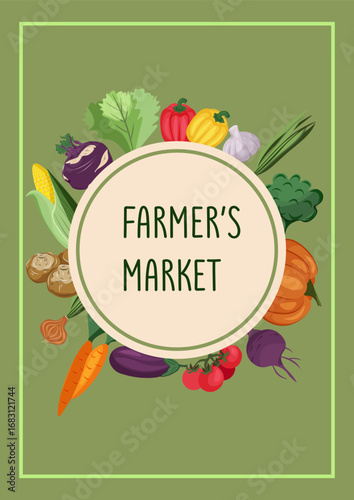 Autumn harvest poster for farmer's market with fresh vegetables and pumpkins. Ideal for market promotion, organic food advertising, healthy lifestyle design.