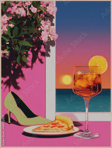 A nostalgic and vibrant summer setting. The combination of saturated colors, cocktails, and fashion elements creates a vacation-like atmosphere, perfect for lifestyle, fashion, or beverage marketing.