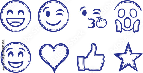 Blue Hand-Drawn Emoji and Social Media Icons Set - Sketchy Vector Illustration for Reactions and Engagement