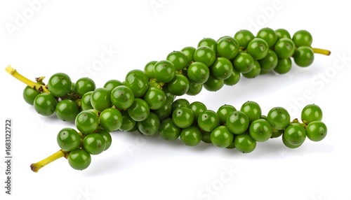 Fresh green peppercorns on stems against a white background