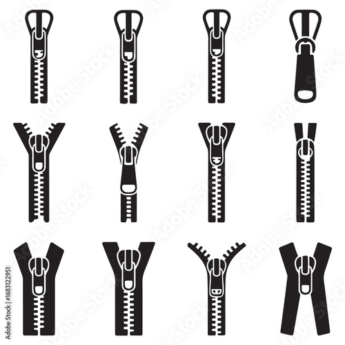 Set Zipper vector icon sign symbol. Vector black silhouette. with white background