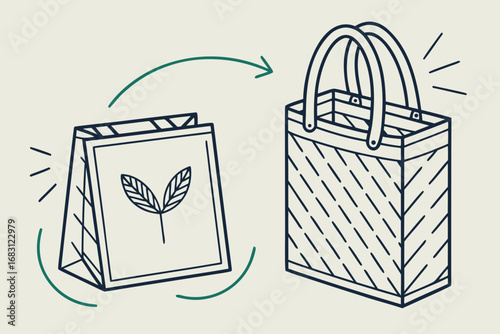 Sustainable Shopping Process Illustration: Reusable Bag Replacing Paper Bag for Eco-Friendly Lifestyle