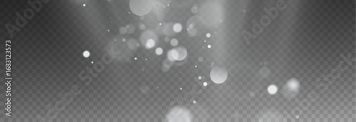 Christmas glowing bokeh confetti light and glitter texture overlay for your design. Festive sparkling white dust png. Holiday powder dust for cards, invitations, banners, advertising.	
