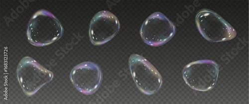 Realistic soap vector bubbles png isolated on transparent background. The effect of falling and flying bubbles. Glass bubble effect.	
