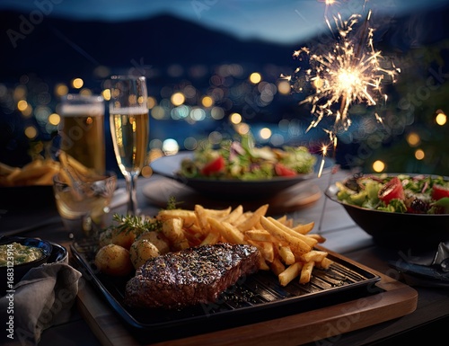 Outdoor dining experience with steak, fries, and sparklers